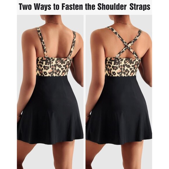 Women's One Piece Swim Dress Swimsuit Tummy Control Skirted Bathing Suit Leopard - Picture 4 of 8